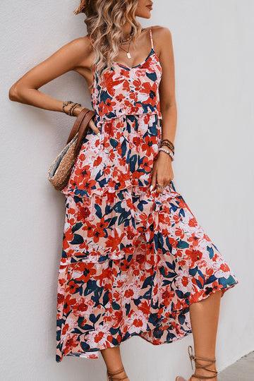 Red Floral Spaghetti Straps A Line Summer Dress